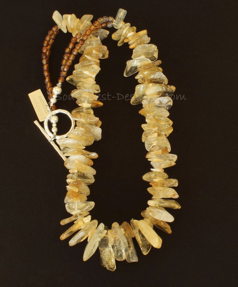 Citrine Graduated Spike Necklace with Mother of Pearl, Amber Glass and Sterling Silver