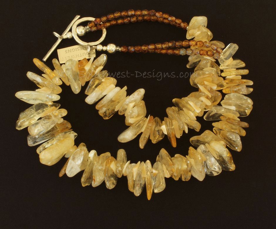 Citrine Graduated Spike Necklace with Mother of Pearl, Amber Glass and Sterling Silver