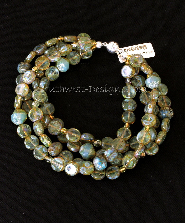 Artisan Czech Glass Beaded Cluster Bracelet, Mint Green and Champagne 8 Inches / 1 inch