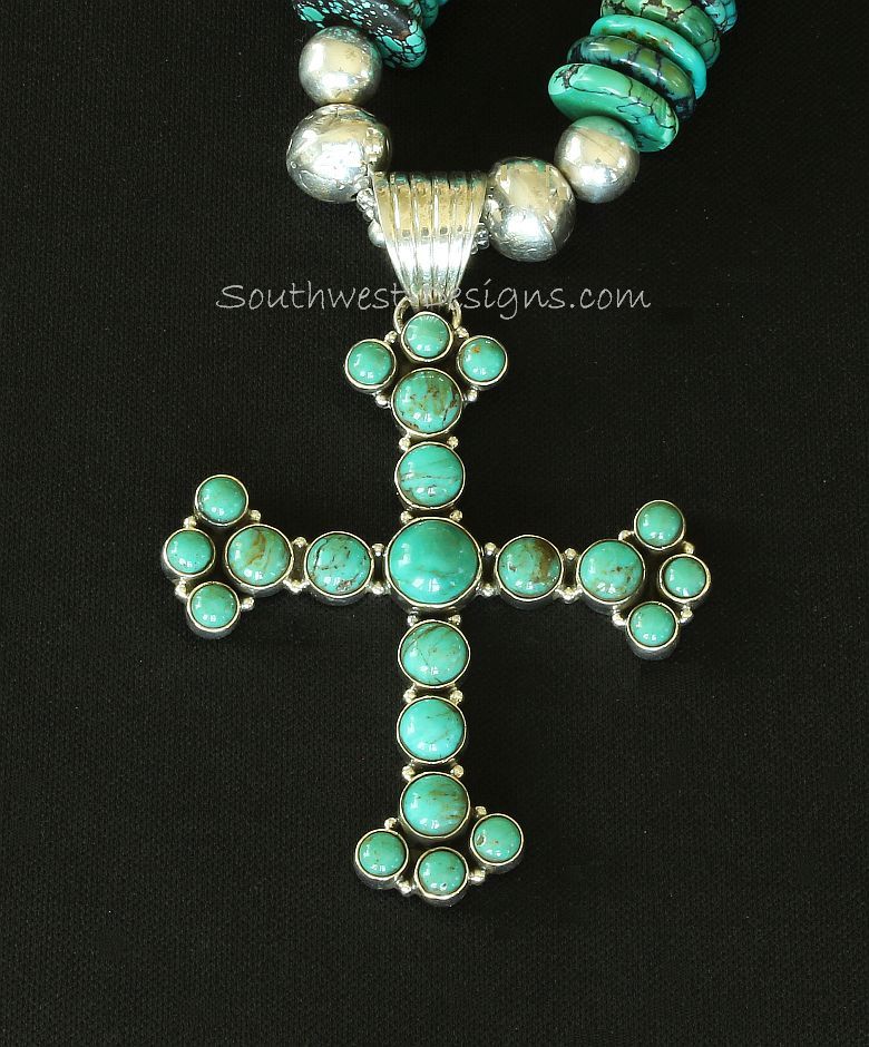 22-Stone Turquoise and Sterling Silver Cross Pendant with Nevada Turquoise Graduated Round Disc and Sterling Silver Beads and Toggle Clasp
