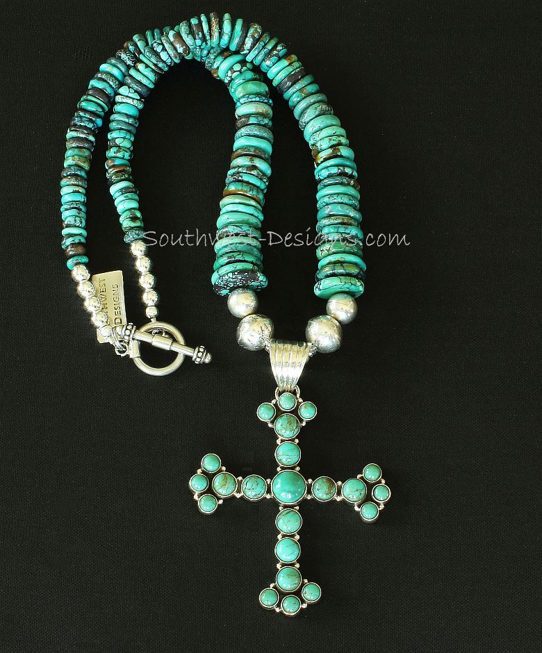 22-Stone Turquoise and Sterling Silver Cross Pendant with Nevada Turquoise Graduated Round Disc and Sterling Silver Beads and Toggle Clasp