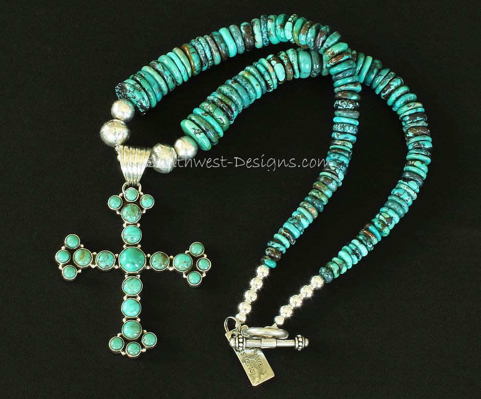 22-Stone Turquoise and Sterling Silver Cross Pendant with Nevada Turquoise Graduated Round Disc and Sterling Silver Beads and Toggle Clasp