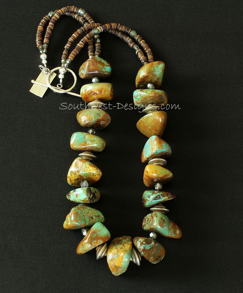 Turquoise Large Nugget Necklace with Fire Polished Glass and Sterling Silver Beads & Toggle Clasp