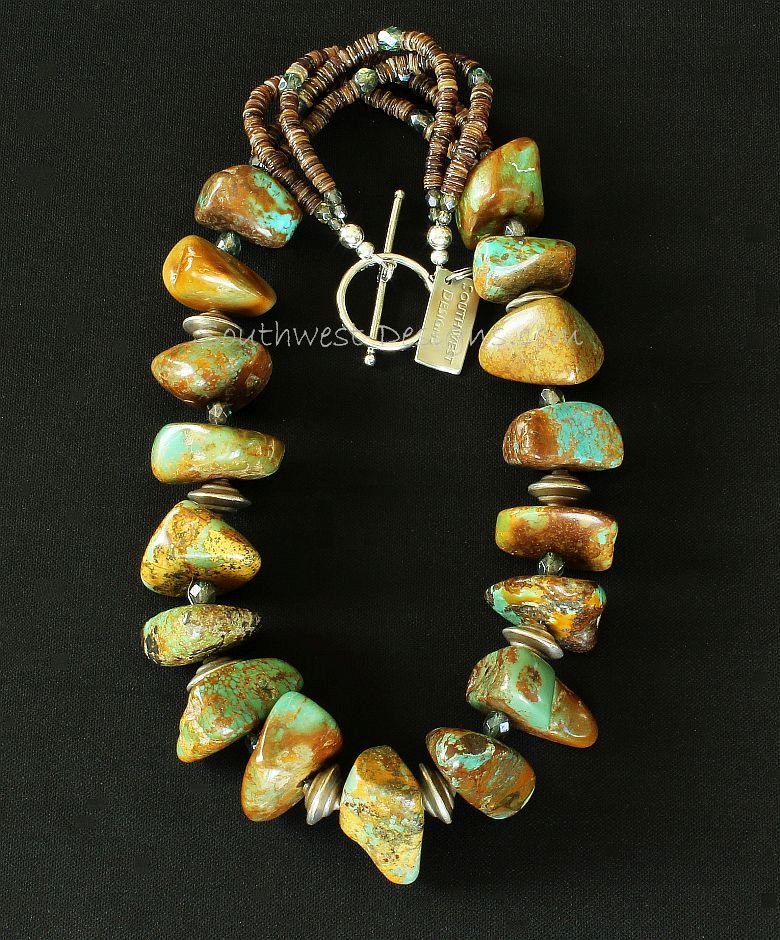 Turquoise Large Nugget Necklace with Fire Polished Glass and Sterling Silver Beads & Toggle Clasp
