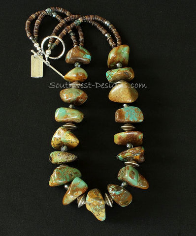 Turquoise Large Nugget Necklace with Fire Polished Glass and Sterling Silver Beads & Toggle Clasp