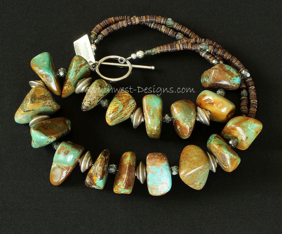 Turquoise Large Nugget Necklace with Fire Polished Glass and Sterling Silver Beads & Toggle Clasp