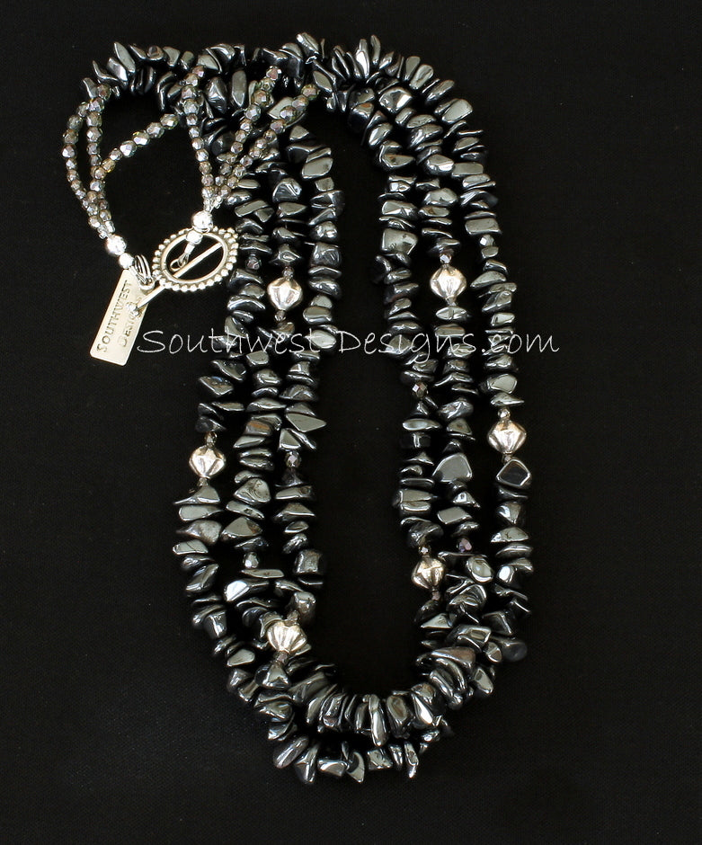Hematite Black Chip 3-Strand Necklace with Fire Polished Glass, Sterling Silver Fluted Bicones, and Sterling Toggle Clasp
