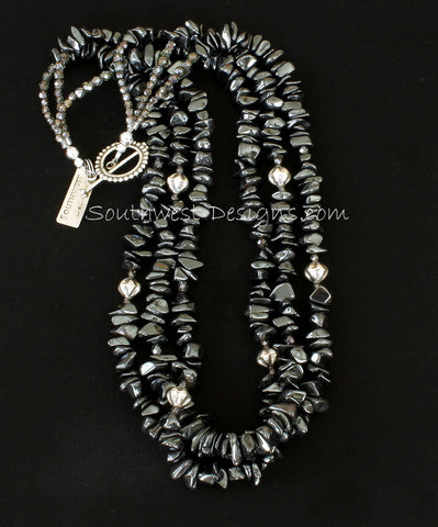 Hematite Black Chip 3-Strand Necklace with Fire Polished Glass, Sterling Silver Fluted Bicones, and Sterling Toggle Clasp