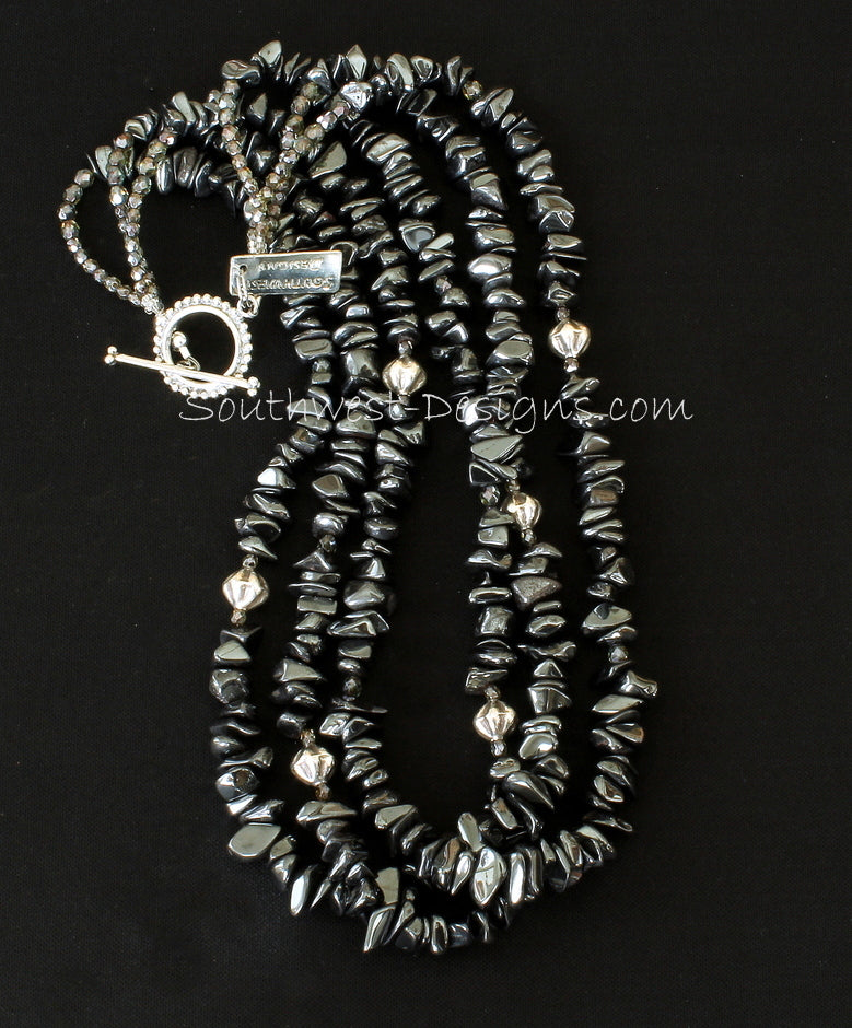 Hematite Black Chip 3-Strand Necklace with Fire Polished Glass, Sterling Silver Fluted Bicones, and Sterling Toggle Clasp