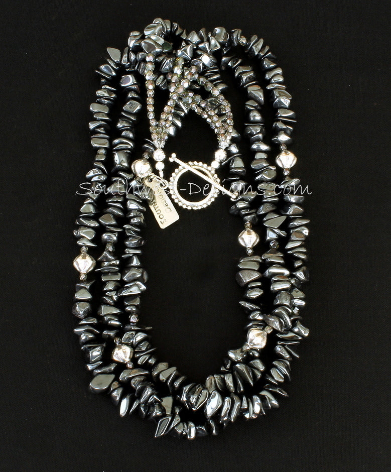 Hematite Black Chip 3-Strand Necklace with Fire Polished Glass, Sterling Silver Fluted Bicones, and Sterling Toggle Clasp