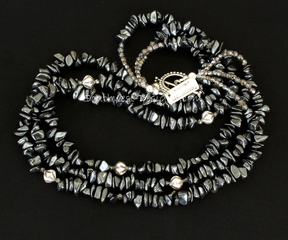 Hematite Black Chip 3-Strand Necklace with Fire Polished Glass, Sterling Silver Fluted Bicones, and Sterling Toggle Clasp