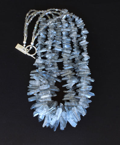 Silver Crystal Spike 3-Strand Necklace with Czech Glass and Sterling Silver Toggle Clasp