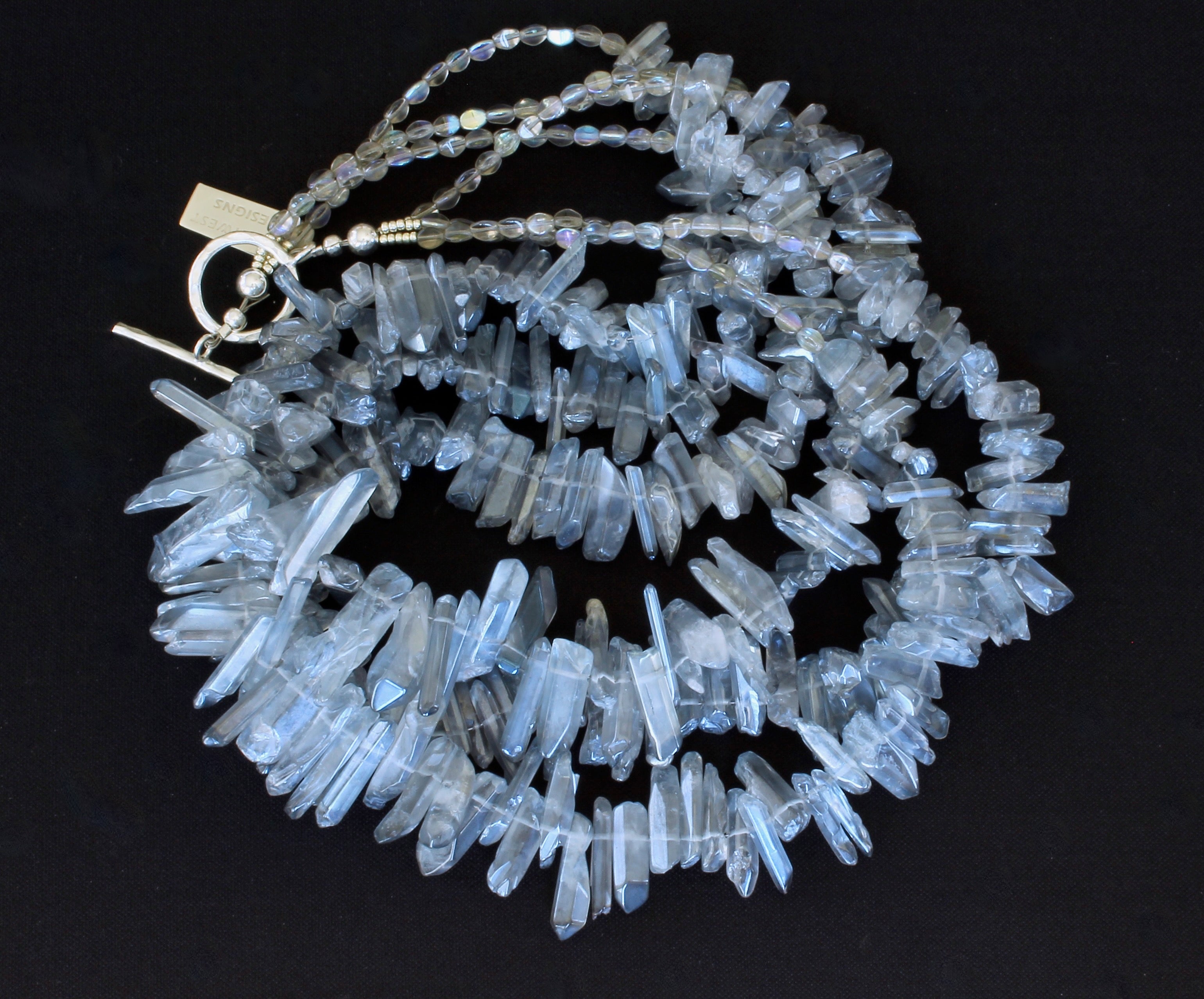 Silver Crystal Spike 3-Strand Necklace with Czech Glass and Sterling Silver Toggle Clasp