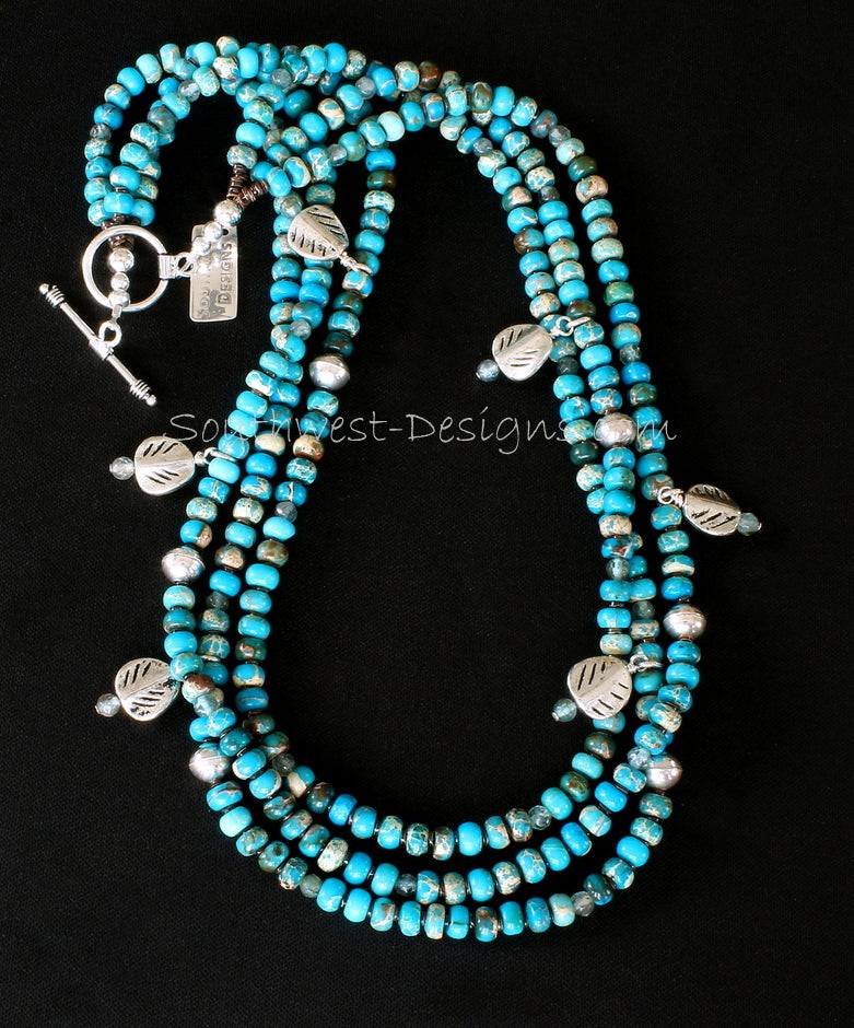 Imperial Jasper 3-Strand Necklace with Sterling Silver Leaf Charms, Olive Shell Heishi, and Sterling Beads and Toggle Clasp