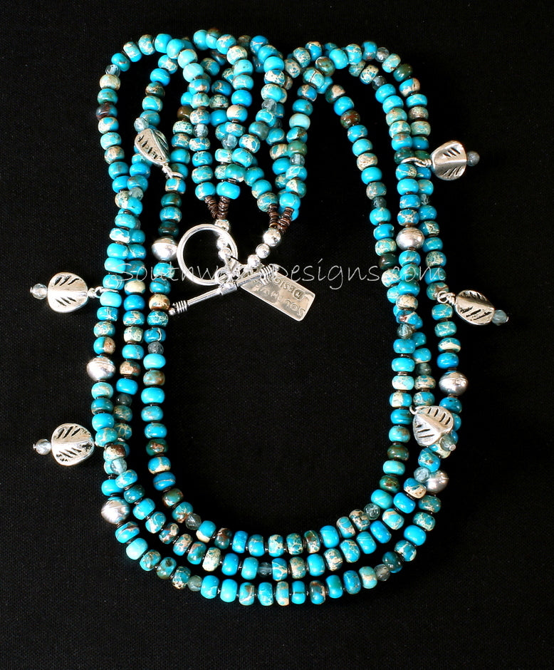 Imperial Jasper 3-Strand Necklace with Sterling Silver Leaf Charms, Olive Shell Heishi, and Sterling Beads and Toggle Clasp