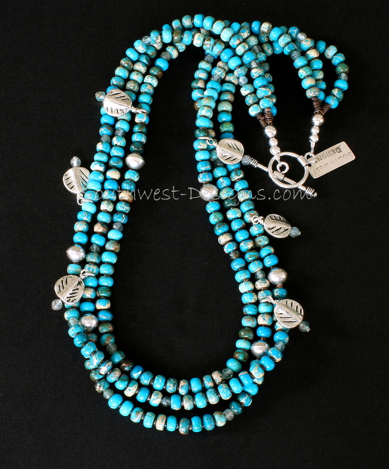 Imperial Jasper 3-Strand Necklace with Sterling Silver Leaf Charms, Olive Shell Heishi, and Sterling Beads and Toggle Clasp
