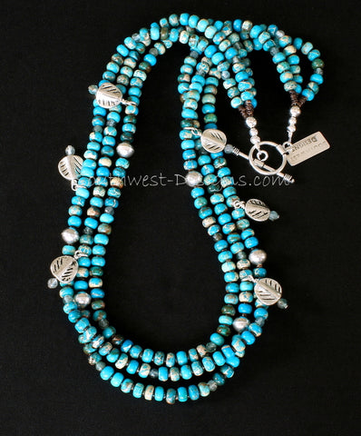 Imperial Jasper 3-Strand Necklace with Sterling Silver Leaf Charms, Olive Shell Heishi, and Sterling Beads and Toggle Clasp