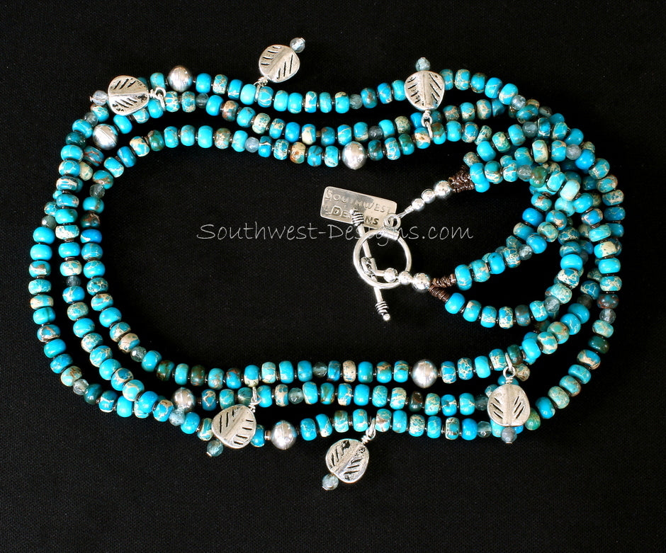 Imperial Jasper 3-Strand Necklace with Sterling Silver Leaf Charms, Olive Shell Heishi, and Sterling Beads and Toggle Clasp
