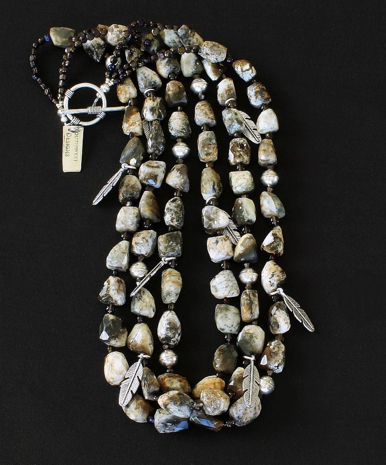 Jasper Tumbled Nugget 3-Strand Necklace with Smoky Quartz and Sterling Silver Beads, Charms and Toggle Clasp