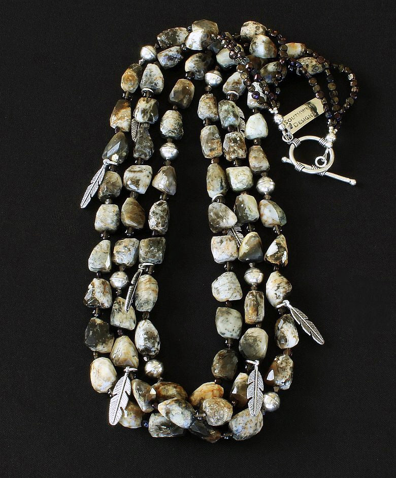 Jasper Tumbled Nugget 3-Strand Necklace with Smoky Quartz and Sterling Silver Beads, Charms and Toggle Clasp