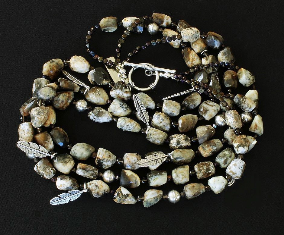 Jasper Tumbled Nugget 3-Strand Necklace with Smoky Quartz and Sterling Silver Beads, Charms and Toggle Clasp