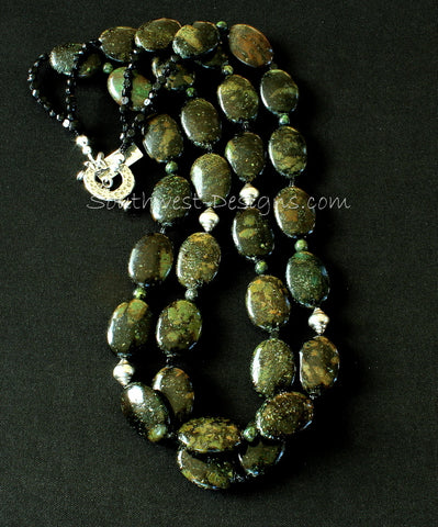 Kambaba Jasper Ovals 2-Strand Necklace with Serpentine, Czech Nailheads and Sterling Silver