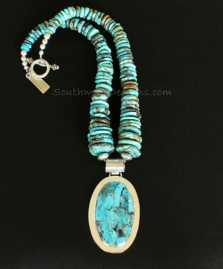 Kingman Turquoise and Sterling Silver Pendant with Graduated Turquoise Round Disc