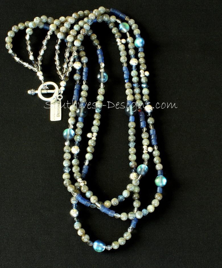 Labradorite and Indonesian Glass 3-Strand Necklace with Fire Polished Glass and Sterling Silver