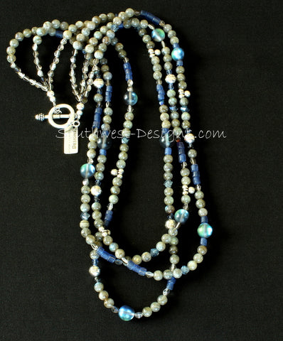 Labradorite and Indonesian Glass 3-Strand Necklace with Fire Polished Glass and Sterling Silver