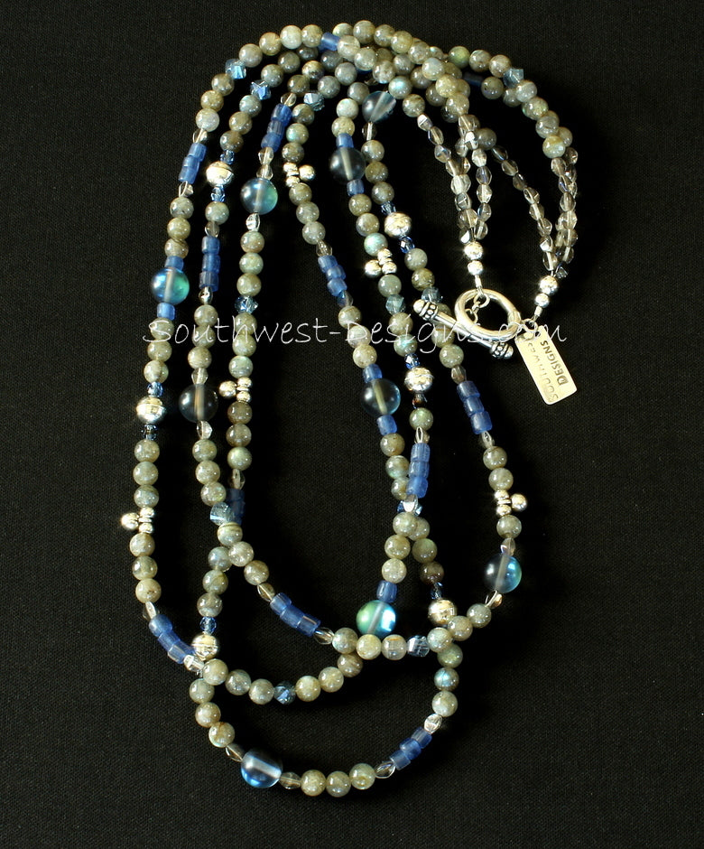 Labradorite and Indonesian Glass 3-Strand Necklace with Fire Polished Glass and Sterling Silver