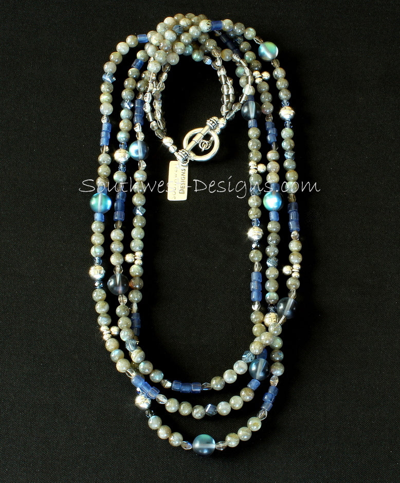 Labradorite and Indonesian Glass 3-Strand Necklace with Fire Polished Glass and Sterling Silver