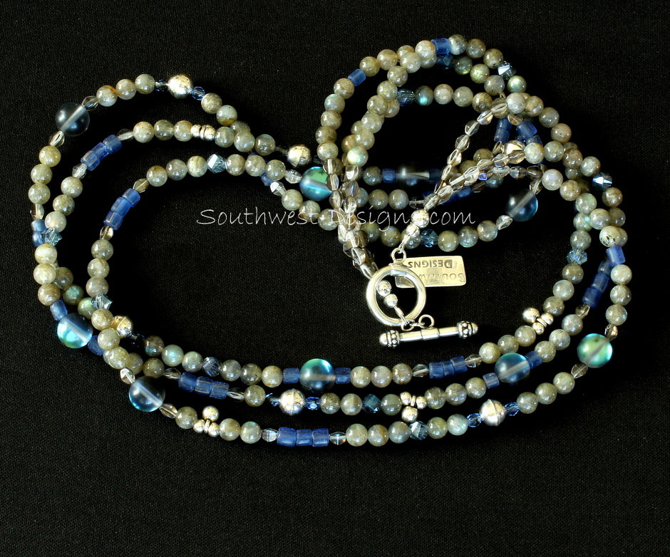 Labradorite and Indonesian Glass 3-Strand Necklace with Fire Polished Glass and Sterling Silver