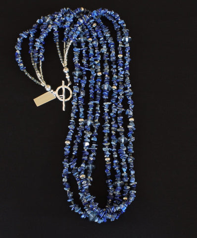 Lapis Lazuli Chip 4-Strand Necklace with Sandstone, Czech Glass and Oxidized Sterling Silver