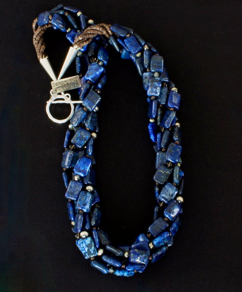 Lapis Lazuli Rectangles 5-Strand Twist Necklace with Smoky Quartz and Sterling Silver