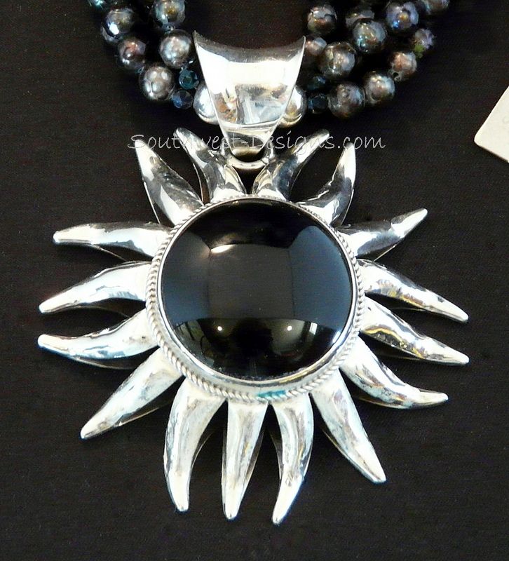 Onyx and Sterling Silver Sunflower Pendant with Black Faceted Pearls