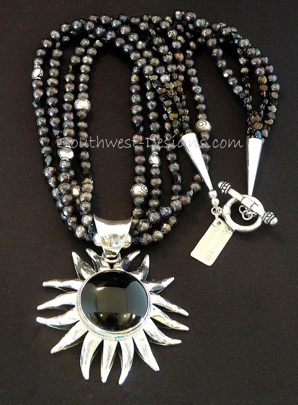 Onyx and Sterling Silver Sunflower Pendant with Black Faceted Pearls