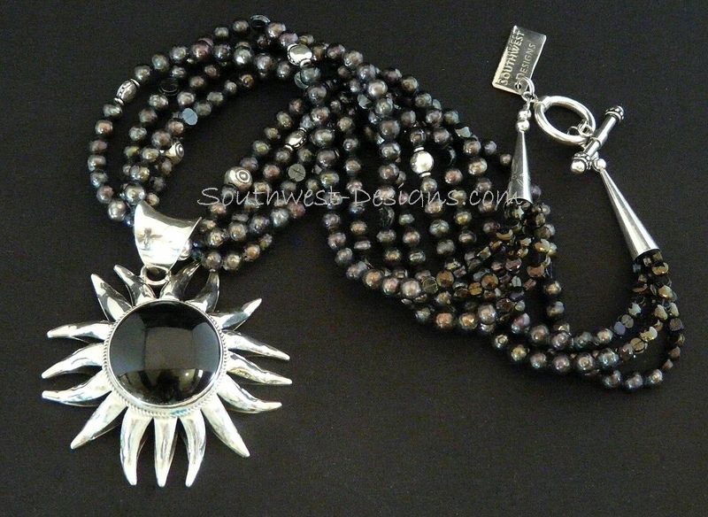 Onyx and Sterling Silver Sunflower Pendant with Black Faceted Pearls