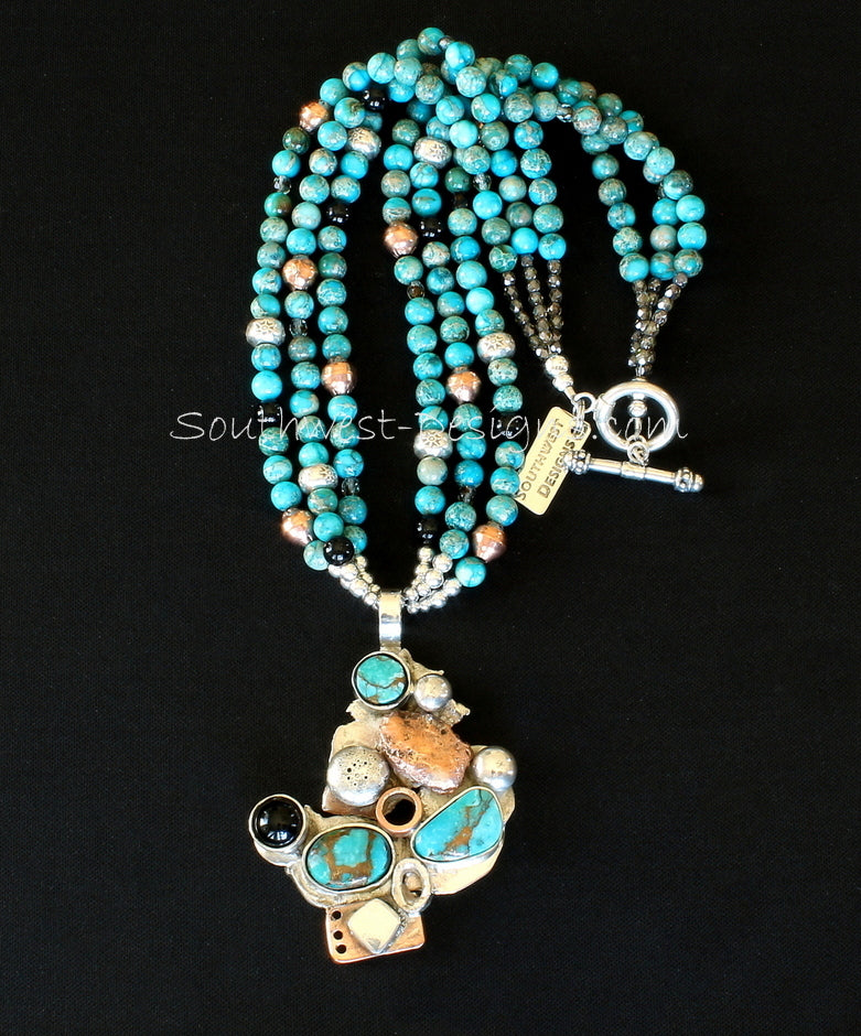 Turquoise, Onyx, Sterling Silver & Copper Art Pendant with 3 Strands of Imperial Jasper