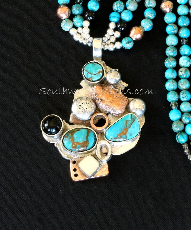 Turquoise, Onyx, Sterling Silver & Copper Art Pendant with 3 Strands of Imperial Jasper