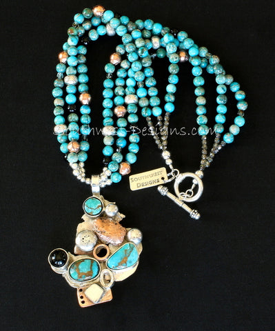 Turquoise, Onyx, Sterling Silver & Copper Art Pendant with 3 Strands of Imperial Jasper
