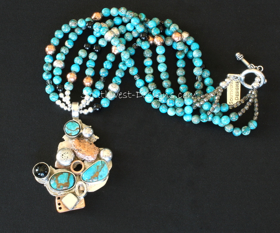 Turquoise, Onyx, Sterling Silver & Copper Art Pendant with 3 Strands of Imperial Jasper