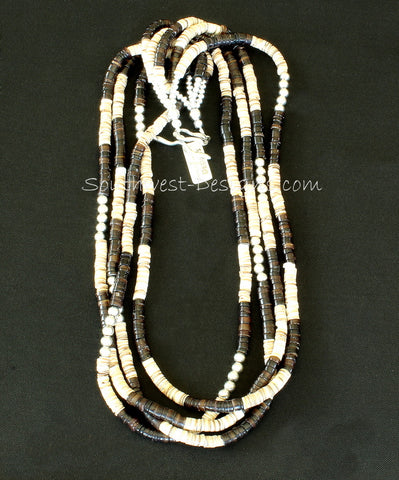 Olive Shell Heishi & Pen Shell Heishi 4-Strand Necklace with Sterling Silver Rounds and Toggle Clasp