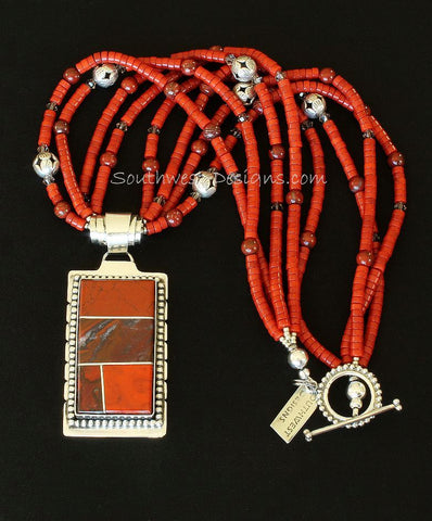 Red Jasper and Sterling Silver 4-Stone Inlaid Pendant with Coral Heishi and Sterling Silver