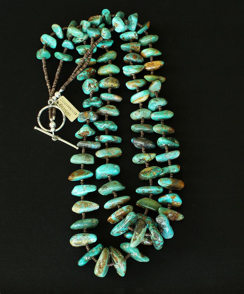 Vintage Southwestern Double Strand Necklace Turquoise Chunks Shell Heishi  Beads