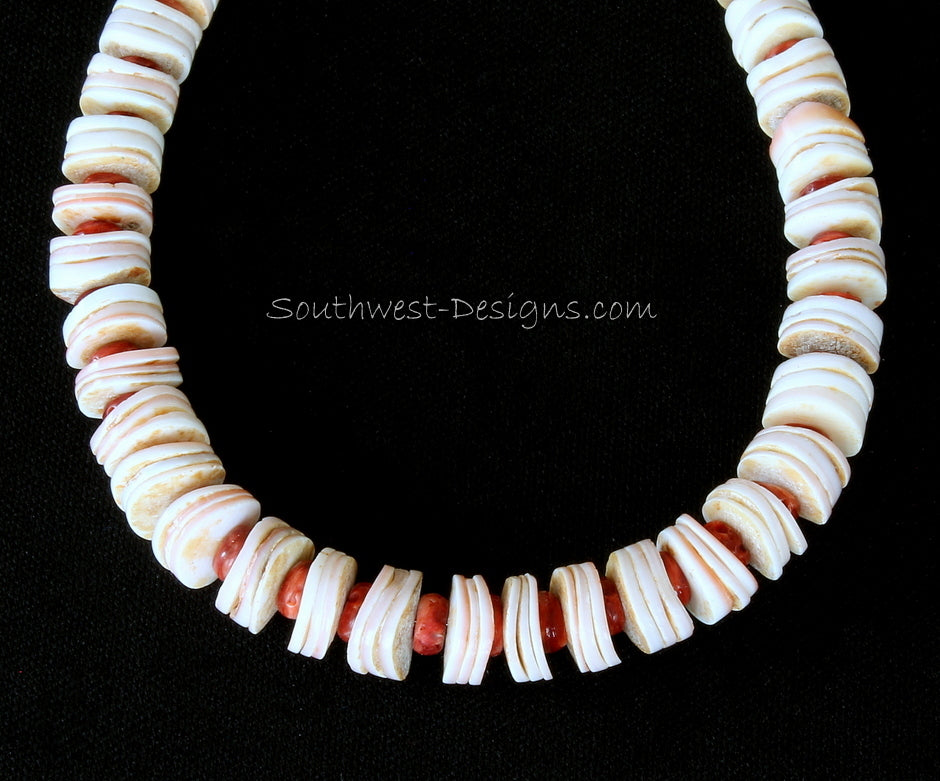Cream and Pink Shell Heishi Graduated Necklace with Spiny Oyster Shell Rondelles and Sterling Silver