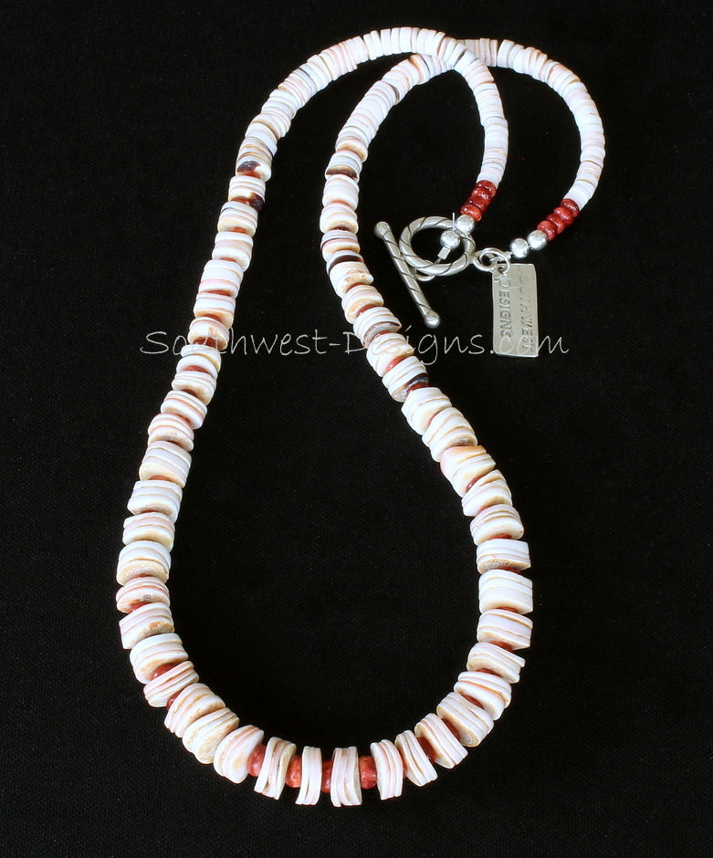 Cream and Pink Shell Heishi Graduated Necklace with Spiny Oyster Shell Rondelles and Sterling Silver