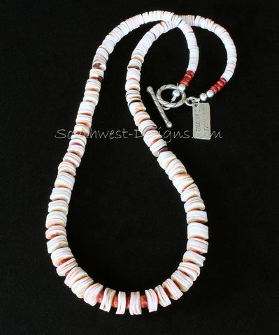 Cream and Pink Shell Heishi Graduated Necklace with Spiny Oyster Shell Rondelles and Sterling Silver