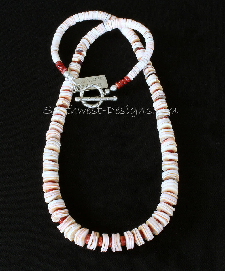 Cream and Pink Shell Heishi Graduated Necklace with Spiny Oyster Shell Rondelles and Sterling Silver
