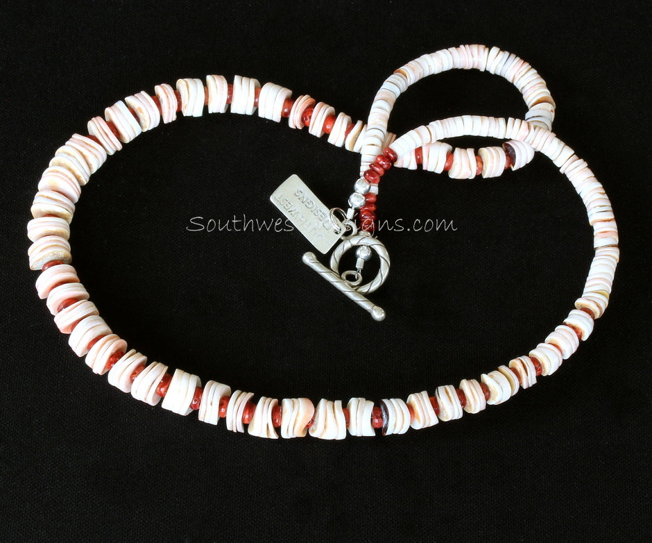 Cream and Pink Shell Heishi Graduated Necklace with Spiny Oyster Shell Rondelles and Sterling Silver