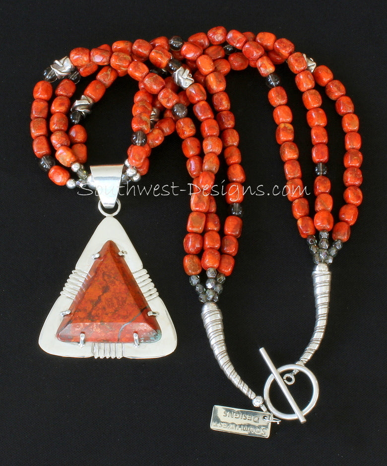 Sonora Sunset and Sterling Silver Post-Set Pendant with 3 Strands of Apple Coral, Smoky Quartz, Fire Polished Glass and Sterling